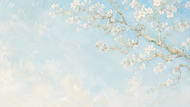 Impressionist painting of almond blossom branches against a blue sky